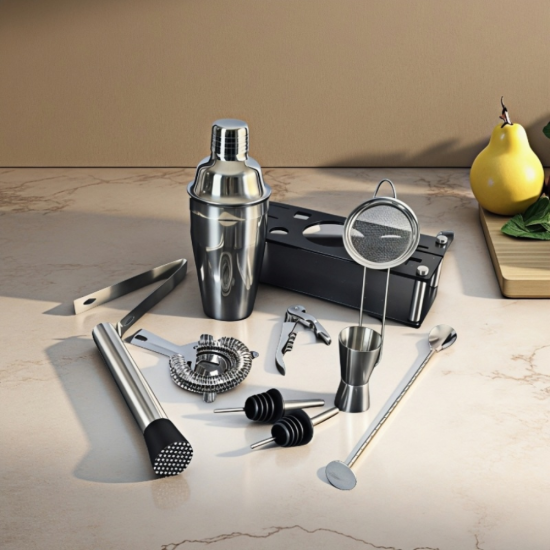 Пълен бармански комплект от 10 части, подредени на черна стойка, включващ шейкър и инструменти