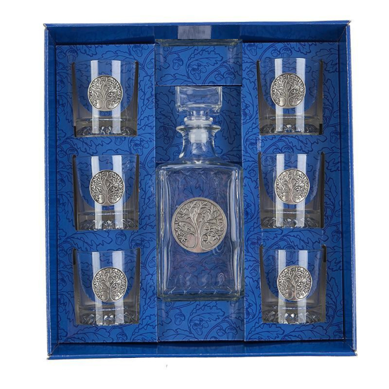 Гарафа за уиски с емблема "Дървото на живота" и 6 чаши със същия символ