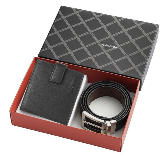 Кожен комплект за мъж, включващ черен портфейл от естествена кожа и черен колан, марка Silver Flame