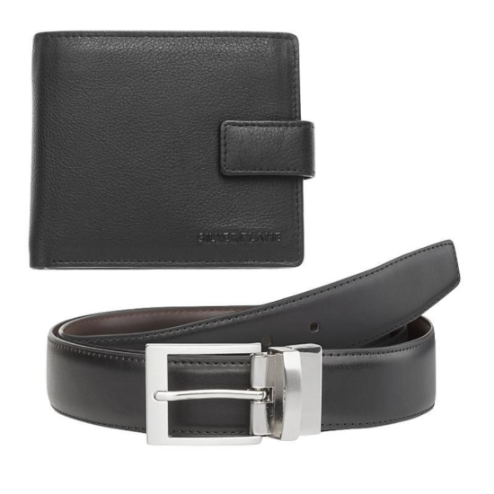 Практичен и стилен подарък за мъж Кожен комплект за мъж, включващ черен портфейл от естествена кожа и черен колан, марка Silver Flame