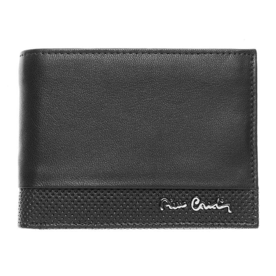 Мъжки комплект, включващ черен портфейл от естествена кожа и черен колан, марка Pierre Cardin