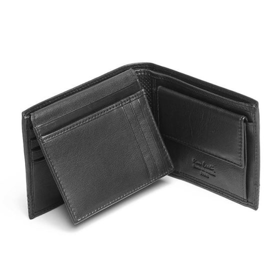 Мъжки комплект, включващ черен портфейл от естествена кожа и черен колан, марка Pierre Cardin