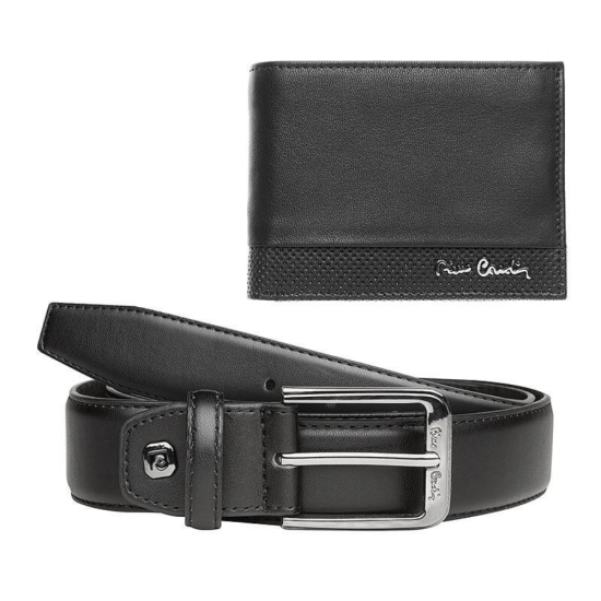 Мъжки комплект, включващ черен портфейл от естествена кожа и черен колан, марка Pierre Cardin