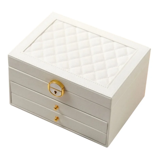 Елегантна бяла кутия за бижута Teno с капитониран капак и златисти метални елементи