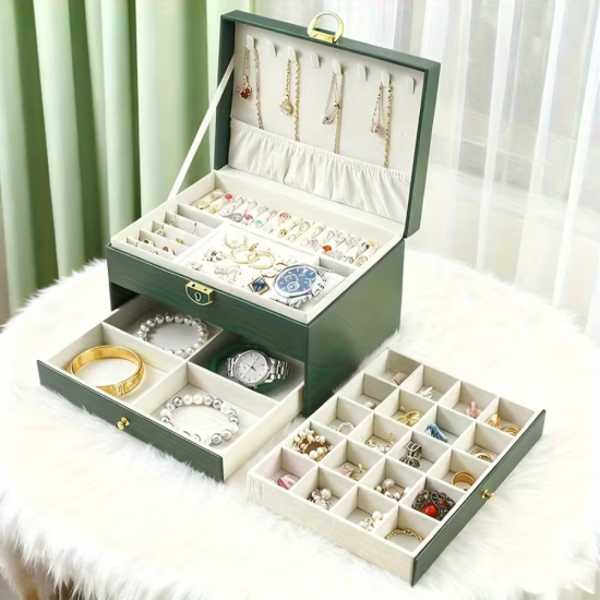 Отворена зелена кутия за бижута с чекмеджета и отделения за пръстени