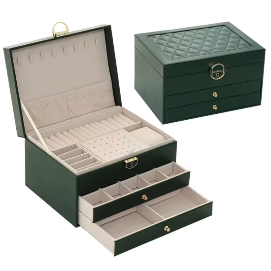 Елегантен и практичен подарък за жена с много аксесоари Отворена зелена кутия за бижута с чекмеджета и отделения за пръстени