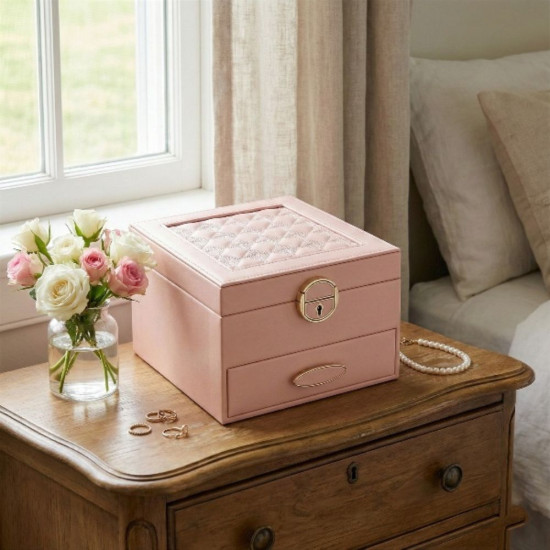 Идеален подарък за специални поводи Елегантна кутия за бижута от висококачествена еко кожа с вградено огледало и удобно чекмедже