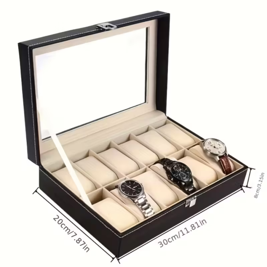 Отворена черна кутия за часовници от еко кожа с 12 бежови възглавнички и стъклен капак