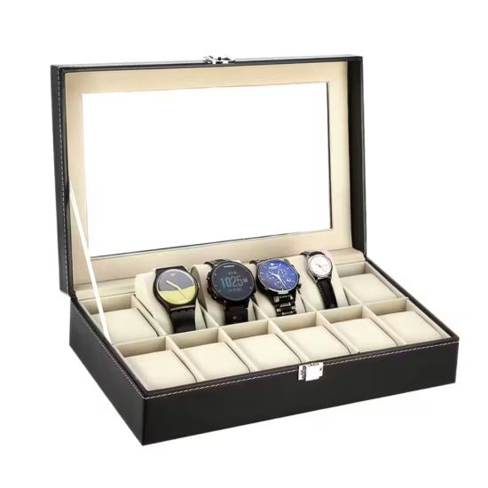 Отворена черна кутия за часовници от еко кожа с 12 бежови възглавнички и стъклен капак