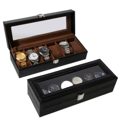 Черна кожена кутия за 6 часовника с ключалка