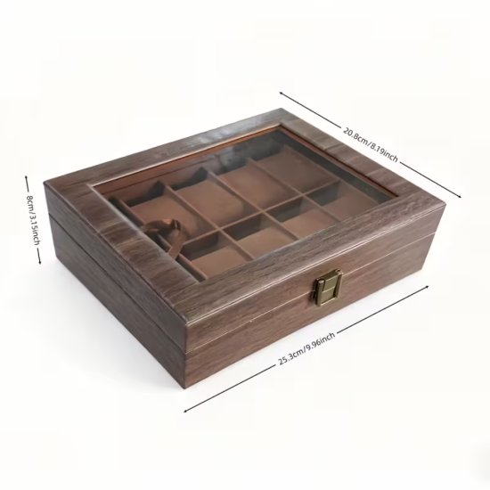 Органайзер за 10 часовника: имитация на дърво с кафяв велурен интериор