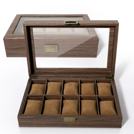 Органайзер за 10 часовника: имитация на дърво с кафяв велурен интериор