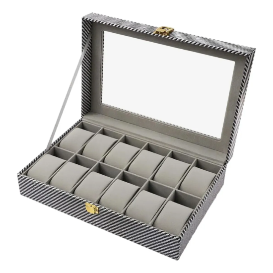 Луксозен органайзер за 12 часовника с прозрачен капак и модерен карбонов дизайн