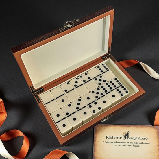 Отворена дървена кутия с метална закопчалка, пълна с класически бели плочки за домино с черни точки