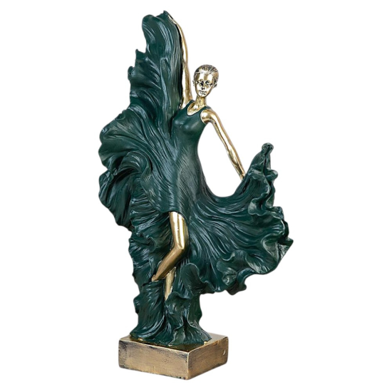 Елегантна статуетка на танцьорка, развяваща дълга тъмнозелена рокля, с кожа в златист цвят