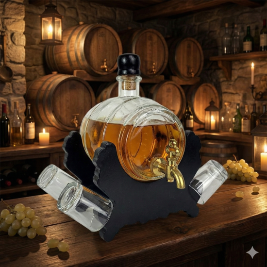 Малко стъклено буре за алкохол (550 мл) с месингова канелка, поставено на тъмна дървена стойка с четири стъклени шот чаши отстрани