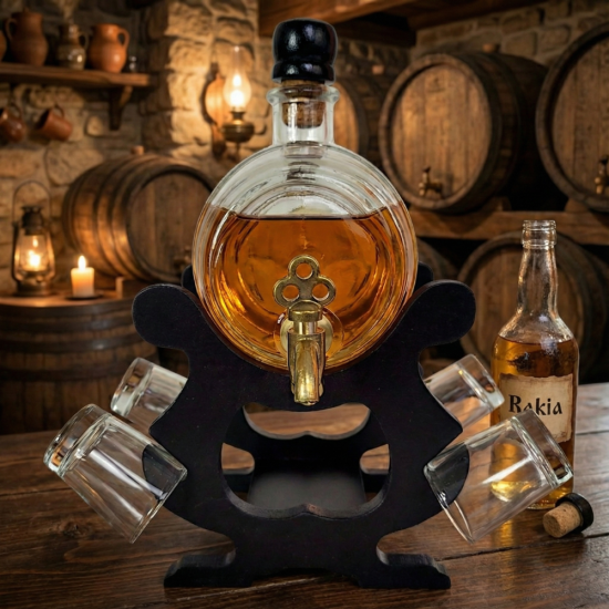 Малко стъклено буре за алкохол (550 мл) с месингова канелка, поставено на тъмна дървена стойка с четири стъклени шот чаши