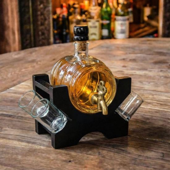 Изящно стъклено буре с вместимост 550 мл и кранче от състарен месинг, разположено върху черна дървена стойка с гнезда за чаши