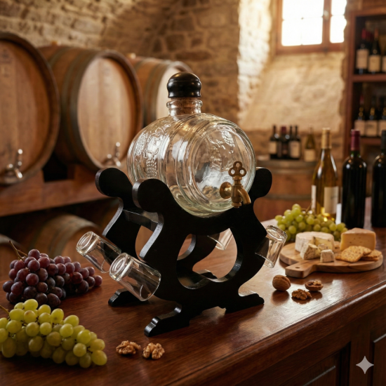 Стъклено буре за ракия 1 литър с месингова канелка, поставено върху елегантна черна дървена стойка с гнезда за четири стъклени чаши