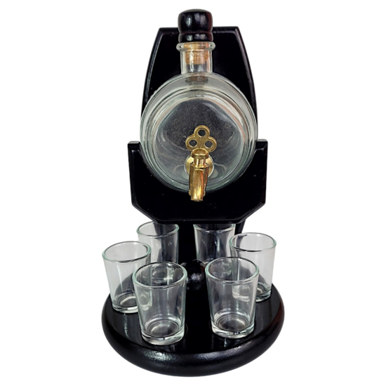 Стъклено буре за алкохол (550 мл) с месингова канелка, монтирано върху тъмна въртяща се дървена стойка с гнезда за шест стъклени чаши