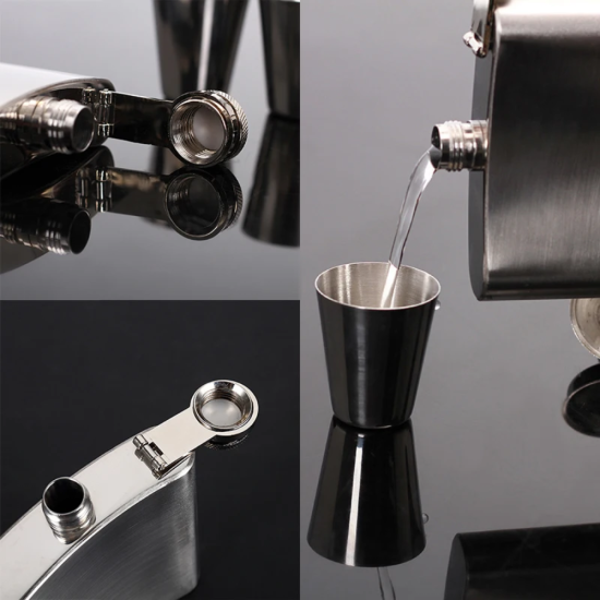 Елегантен подаръчен комплект, включващ манерка от полирана неръждаема стомана, две метални чаши и фуния, подредени върху черна кутия