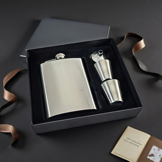 Елегантен подаръчен комплект, включващ манерка от полирана неръждаема стомана, две метални чаши и фуния, подредени върху черна кутия